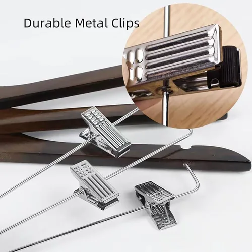 Miniatura 4 de Paquete de 10 perchas de madera con clips, perchas de madera de alta calidad para trajes, perchas para faldas con clips, colgador de madera S con 10