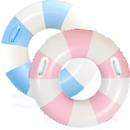 Miniatura 12 de Flotadores inflables de piscina para adultos, paquete de 2 flotadores a rayas, tubos de piscina, anillos de natación con asas, flotador inflable