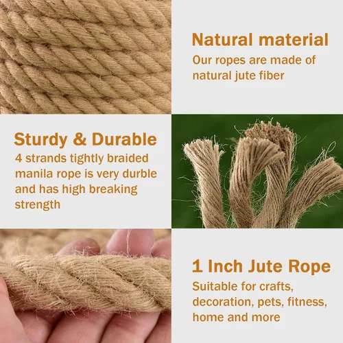 Miniatura 2 de Cuerda de yute (1 pulgada x 50 pies), cuerda de manila trenzada gruesa, cuerda de cáñamo natural resistente para cama oscilante, manualidades