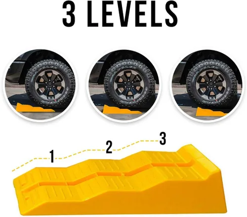 Miniatura 5 de Rampas de nivelación amarillas para automóvil: juego de 2 rampas para automóvil, triple nivelador, material resistente en terrenos irregulares