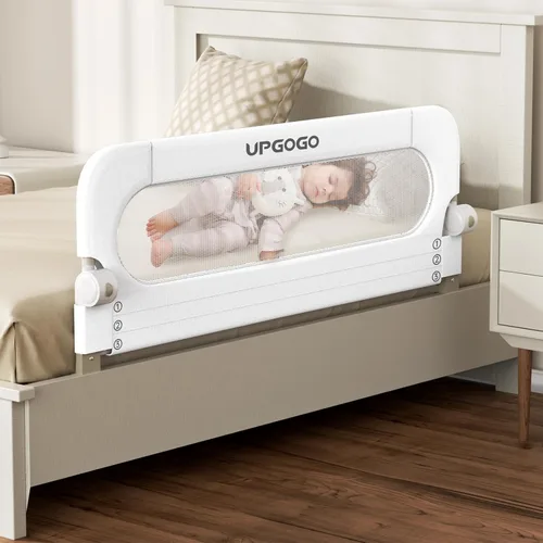 Miniatura 10 de UPGOGO Barandilla plegable para cama de niños, barandilla de cama para bebé con sistema de seguridad de anclaje reforzado, se adapta a literas