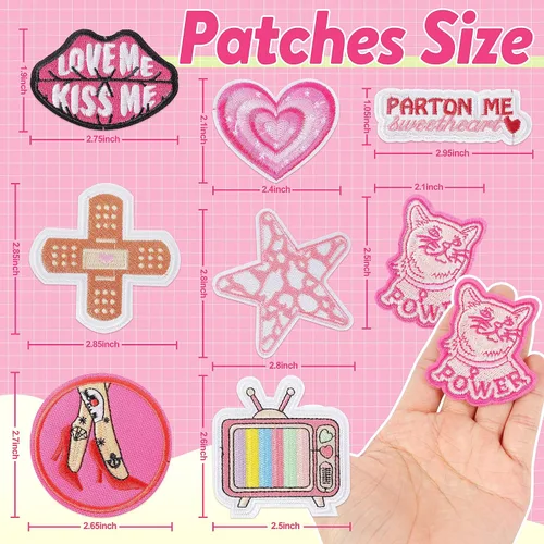 Miniatura 3 de NICEVINYL Parches bordados Preppy para planchar: 35 unidades de parches bordados de color rosa para coser en la ropa
