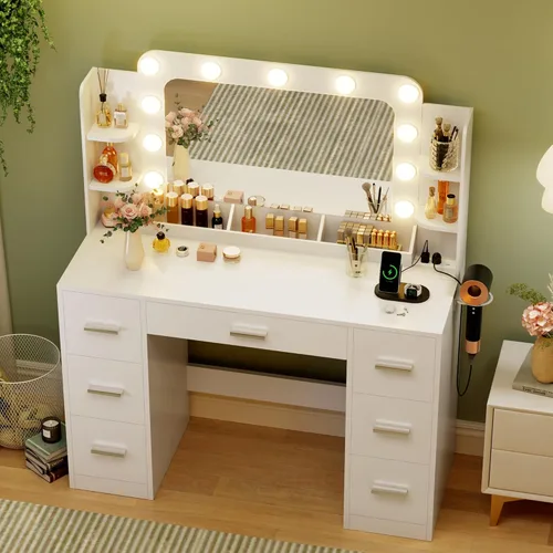 Miniatura 8 de JUMMICO Escritorio de tocador de maquillaje con espejo grande y luces, tocador con regleta de enchufes y soporte para secador de pelo, 6 estantes
