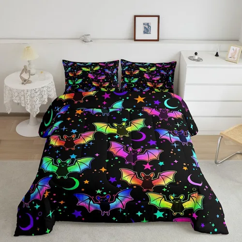 Miniatura 44 de Erosebridal Juego de ropa de cama de murciélago de Halloween, tamaño individual, juego de edredón de estrellas con purpurina y galaxia para niños
