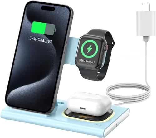 Estación de carga 3 en 1 para iPhone 17 - Cargador inalámbrico para productos Apple para iPhone 17 16 15 14 13 12 11 Pro Max - Estación de carga Azul