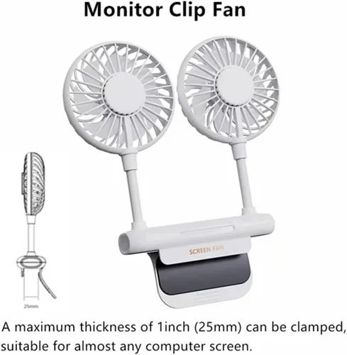 Miniatura 3 de Ventilador de monitor con 2 cabezales giratorios, 3 velocidades, abrazadera resistente, ventilador de refrigeración alimentado por USB para Blanco