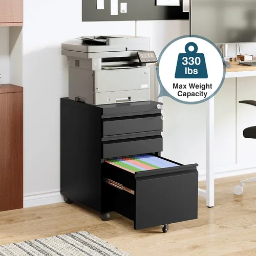 Miniatura 4 de MIIIKO - Archivador de metal con 3 cajones con ruedas, archivador móvil para debajo del escritorio de oficina en el hogar, archivadores totalmente