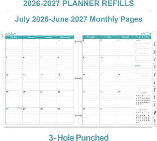 Miniatura 3 de Recambio de planificador 2026-2027, una página por día, 3 agujeros diarios y mensuales, julio 2026 a junio 2027, 8.5 x 11 pulgadas