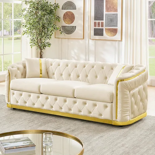 Miniatura 10 de Sofá Chesterfield de 62.6 pulgadas, moderno de mediados de siglo, sofá de terciopelo blanco beige y dorado, sofás de lujo para sala de estar