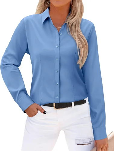 Miniatura 11 de Gleeivy - Camisas abotonadas para mujer, sin arrugas, de manga larga, camisas de vestir casuales con cuello V, ajustadas, de un solo