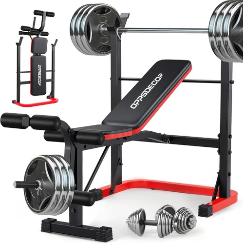 Miniatura 8 de OPPSDECOR Foldable Weight Bench Set with Preacher Curl Pad and Squat Rack, 660LBS Adjustable Bench Press with Leg Extension and Leg Curl, Incline