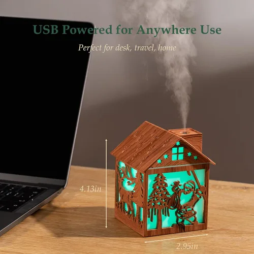 Miniatura 6 de Humidificador de madera de Navidad para casa, 8.1 fl oz, mini humidificador de niebla fría con diseño LED de Papá Noel, 7 luces de color, alimentado