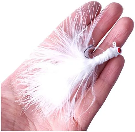 Miniatura 2 de 16 piezas de 1.2 in-0.12 oz Color blanco/amarillo/negro/rosa pesca marabú jigs Crappie jigs señuelos Kit pesca plomo cabeza gancho con plumas marabú
