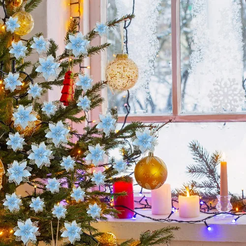 Miniatura 4 de Geosar 24 piezas de flores de Pascua con purpurina para Año Nuevo, flores artificiales en capas, adornos para árbol de boda y Año Nuevo, 3/4/6 Azul