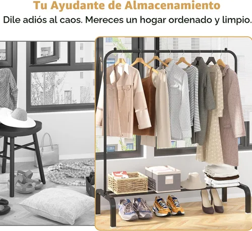 Miniatura 6 de Perchero de metal con estante inferior para colgar ropa, camisas, jeans y abrigos, color negro