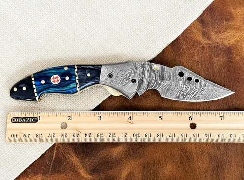 Miniatura 5 de Cuchillo de Bolsillo de Acero de Damasco para Hombres con Funda de Cuero, Cuchillos de Caza Plegables Hechos a Mano de 7 Pulgadas, Mango - Cuchillo