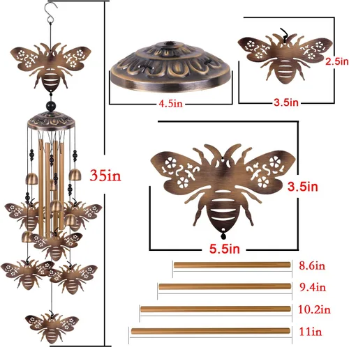 Miniatura 4 de Campanillas de viento de bronce con abejas para exterior/interior/jardín/hogar/balcón/césped/árbol/patio/decoración de jardín, atrapavientos retro
