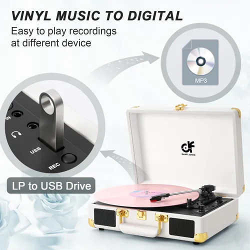 Miniatura 7 de Tocadiscos de vinilo Bluetooth, tocadiscos portátil vintage de 3 velocidades con 2 altavoces integrados, grabación USB, tocadiscos para Blanco
