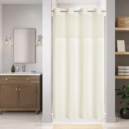 Miniatura 13 de eachope Cortina de ducha negra sin gancho con forro de tela a presión, cortinas de ducha de tejido gofre para baño, juego de cortinas de baño