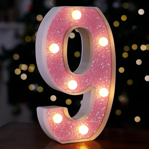 Miniatura 36 de Letras con luces LED, letras de marquesina con brillantina rosa, letras del alfabeto, letreros iluminados por pilas, para decoración de fiestas