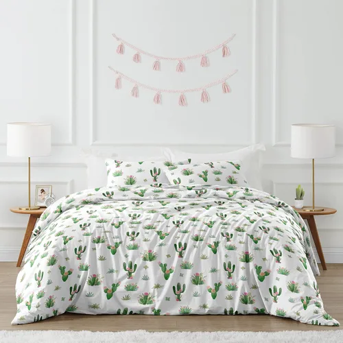 Sweet Jojo Designs Juego de edredón de 3 piezas para niños, diseño bohemio de cactus en acuarela rosa y verde, tamaño matrimonial/queen