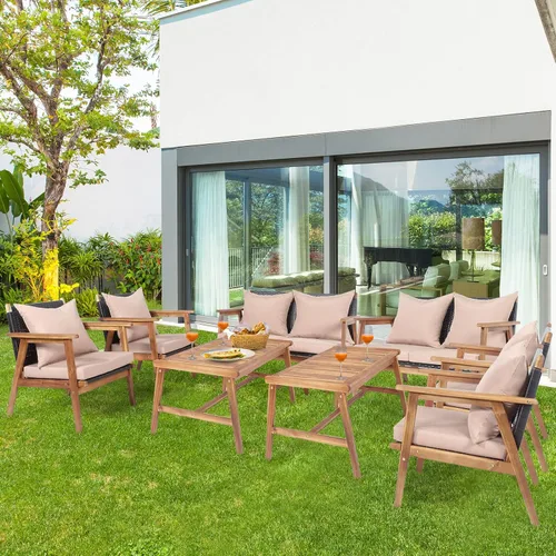 Miniatura 2 de RELAX4LIFE Juego de muebles de patio al aire libre, juego de sofá de mimbre de 8 piezas con mesa auxiliar, asiento, cojines de respaldo, marco