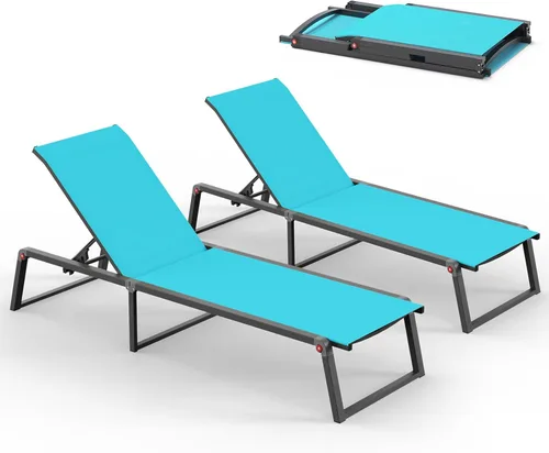 Miniatura 10 de Silla de Salón de Aluminio para Exterior, Sillas de Salón Plegables y sin Montaje para Patio y Piscina, Silla Reclinable de 5 Posiciones para Blanco