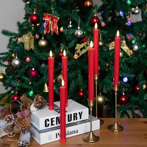Miniatura 4 de JOIONE Velas cónicas sin llama con temporizador remoto, cera real roja parpadeante de 9.6 pulgadas, funciona con pilas, luz cálida, velas LED
