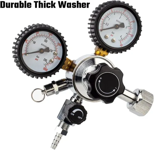 Miniatura 3 de TMCRAFT Regulador de CO2 de barril, regulador de presión CGA-320 de doble calibre con presión de trabajo de 0-60 PSI y presión de tanque de 0-3000