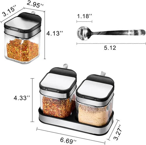 Miniatura 2 de Contenedor de especias para condimentos con tapas y cucharas de acero inoxidable 304, recipientes de vidrio transparente para condimentos