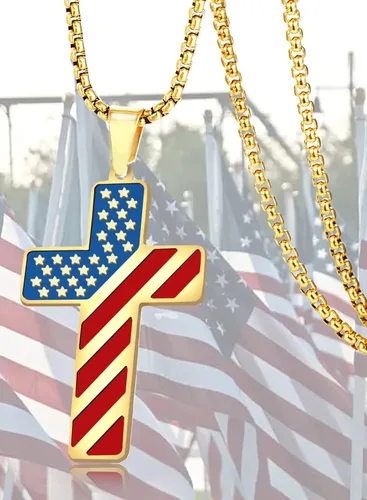 Miniatura 5 de REGIS Collar de cruz de bandera estadounidense para hombres y niños, cadena de acero inoxidable de 24 pulgadas, versículo bíblico con colgante