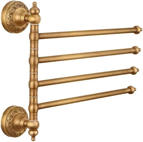 Toallero giratorio de latón vintage para baño o cocina, 4 barras plegables con brazo giratorio, organizador de almacenamiento de baño, soporte de