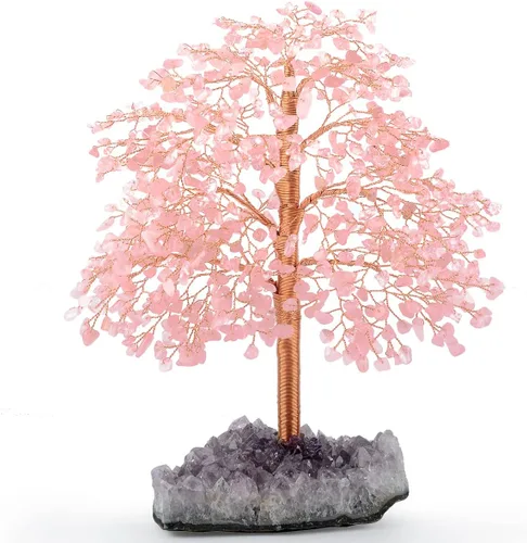 Miniatura 9 de Árbol de la vida con piedras preciosas de cuarzo rosa, base de racimo de amatista, cristal rosa curativo que equilibra la energía positiva, bonsái
