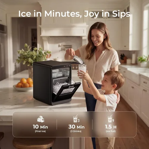 Miniatura 3 de Encimera de hielo Nugget: 44 libras por día, autolimpiante, acero inoxidable negro, portátil, máquina de hielo de guijarros masticable suave