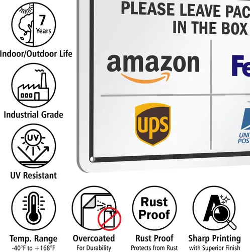 Miniatura 6 de SmartSign 7 x 10 pulgadas "Por favor, deje los paquetes en la caja - Amazon, FedEx, UPS, USPS" Letrero de instrucciones de entrega de metal