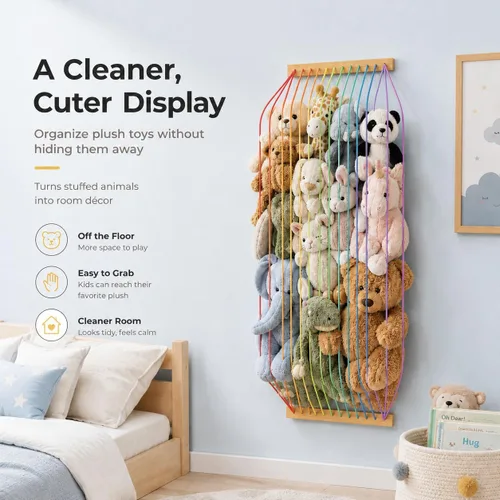 Miniatura 9 de Organizador de juguetes de madera suave para almacenamiento de animales de peluche, bonito y duradero para pared o puerta, longitud ajustable