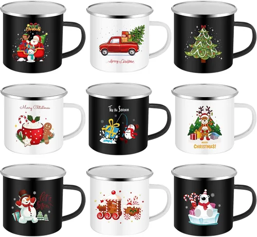 Layhit 9 tazas de Navidad de 12 onzas esmaltadas para café, tazas de cerámica para vacaciones de invierno, tazas divertidas de Navidad, regalos de