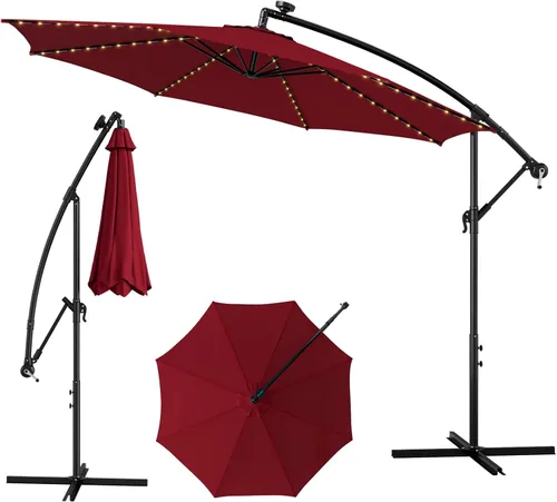 Miniatura 11 de Tangkula Sombrilla solar de 10 pies, sombrilla colgante inclinada en voladizo con 112 luces LED de lluvia de meteoros, con manivela, sombrilla