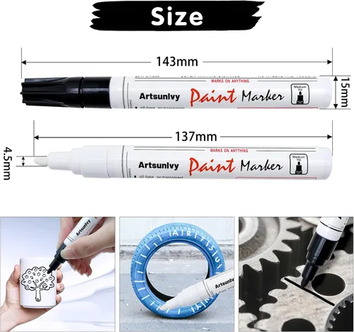 Miniatura 4 de Artsunlvy Rotuladores de pintura permanentes, paquete de 2 marcadores impermeables a base de aceite blanco y negro para neumáticos, caucho, madera