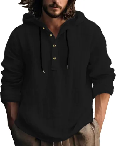 Miniatura 8 de Camisas de algodón y lino para hombre, estilo retro, hippie, guayabera, con capucha, manga larga, cuello en V, con botones, sudaderas con capucha
