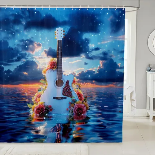 Miniatura 16 de Cortina de ducha de guitarra roja, cortina de baño de música Hip Pop, decoración de baño para niños y niñas, cortina de baño de guitarra de moda