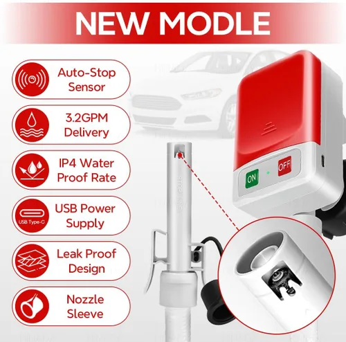 Miniatura 6 de HiNADA Bomba de transferencia de combustible de parada automática: USB tipo C o alimentación de batería, portátil de 3.2 GPM con manguera extra