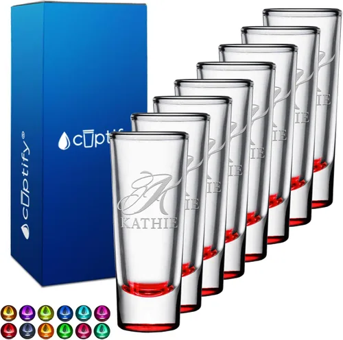 Miniatura 38 de Vaso de chupito personalizado con fondo verde azulado personalizado de 2 oz, vasos de chupito cordial con inicial en script dividido y nombre