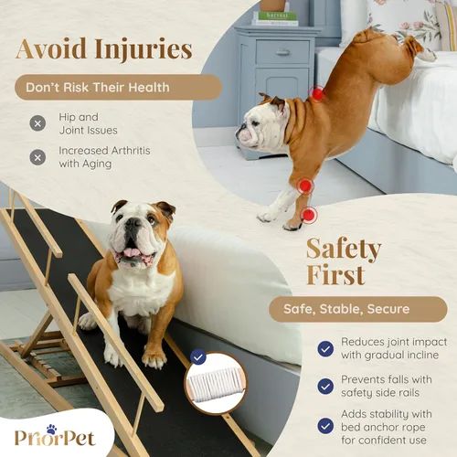 Miniatura 6 de Rampa para perros para cama - Rampa ajustable de madera de abedul PRIORPET para que los perros se suban a la cama: rampas para perros para camas