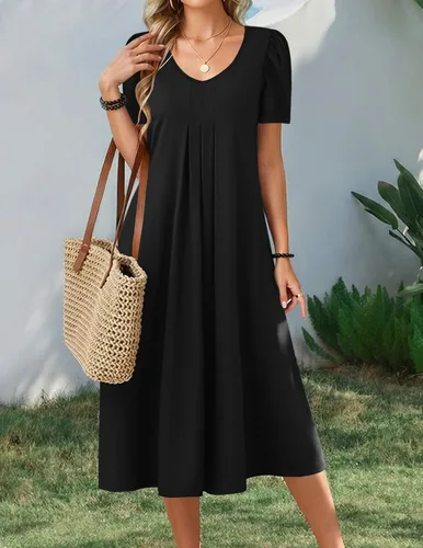 Miniatura 3 de Zeagoo Vestido de verano para mujer, casual, floral, midi, con bolsillos, cuello en V, plisado, manga corta, estilo alineado, para vacaciones
