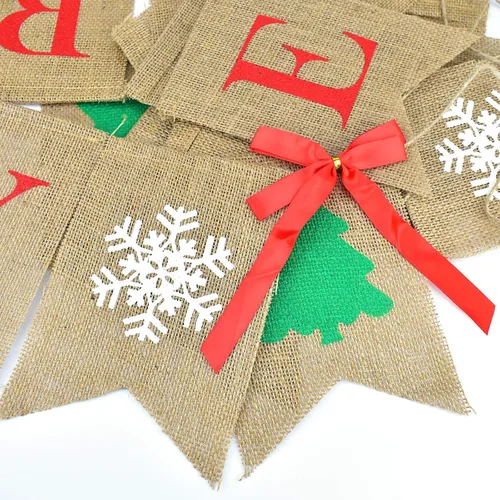 Miniatura 5 de PACETAP Cartel de arpillera de Feliz Navidad con 4 lazos rojos, decoración navideña para el hogar para interiores, chimenea, pared, árbol