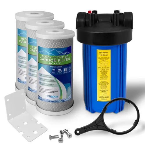 Sistema purificador de filtro de agua azul de alta capacidad de 10 x 4.5 pulgadas para toda la casa con botón de alivio de presión, puerto de latón