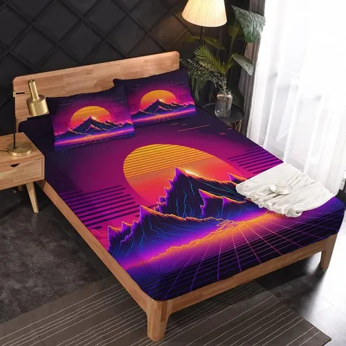 Miniatura 2 de Vaporwave Sheets - Juego de sábanas de tamaño individual, sábanas de cama de montaña neón y puesta de sol, microfibra suave con bolsillo profundo