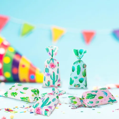 Miniatura 7 de Fulmoon 100 bolsas de caramelos de cactus florales con lazos, bolsas de celofán con lazos, regalos de fiesta, regalo de cactus, decoraciones
