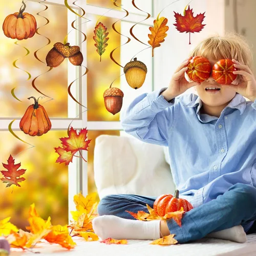 Miniatura 6 de Whaline 32 piezas de remolino colgante de otoño, calabaza, hoja de arce, piña, remolino, decoración para colgar en el techo, remolinos de fiesta
